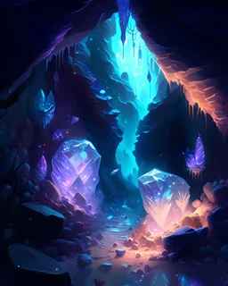 A hidden cave filled with glowing crystals and magical creatures.