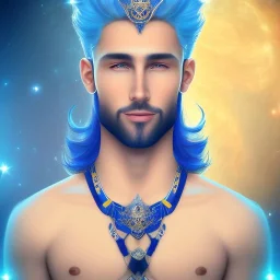 magnifique beau sexy homme souriant des cheveux bleus ,yeux bleus,avec vetement couronne cosmique