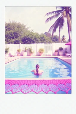 Vintage polaroid of a hippie swimming pool, crochet, purple