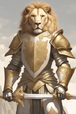 Humanoid lion knight wearing white and gold armor, wearing a white and gold cape, holding a large sword and shield