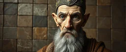 master oil painting by Rembrandt, realistic rendering Portrait of the Apkallu sage who were sent by the god Ea to teach civilization to humanity before the flood. They were depicted as half-human and half-fish or bird, and were associated with wisdom, magic, and culture. blurred tile pattern background, brightened edges to give a sense of depth