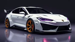 white luxurious boxy aggressive clean sedan cult vehicle, black and gold color scheme, sinister elegant design, sharp lines, royal and rebellious look, custom cult logo, ambient glow, concept car, photorealistic, 3D white and purple studio render --ar 16:9