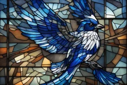 vitrail d'un geai bleu ailes déployées cyberpunk