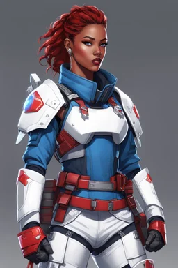 This illustration depicts a futuristic female warrior dressed in lightweight combat gear that blends technological aesthetics with fashion elements. The character wears a white jacket adorned with red armor plates, emphasizing protection and agility. A cropped blue tactical vest and denim shorts convey dynamism and strength. The gear includes knee pads, a tactical belt, and multifunctional gloves, highlighting combat readiness. The headgear features goggles and a communication device, enhancing