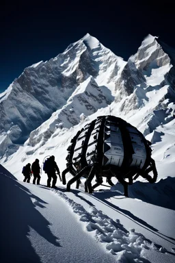 silhouette of a eight legs machine scaling a very steep snow covered side of mout everest at night, it has storage pods on its belly and humans can fit in the pods