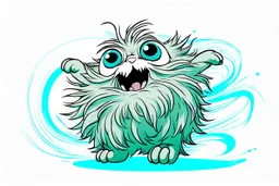 cute dust bunny fizzgig being swept into a magical wind vortex, fluffy gray detailed fur texture, dirty, oversized expressive eyes, open mouth panic fearful expression, dynamic diagonal motion pose, limbs reaching forward, body tilted in perspective, sense of speed and motion, flowing translucent teal and aqua wind ribbons, spiraling air currents forming a curved arc, soft tornado funnel in the top corner, painterly semi-transparent wind, 3d puppet