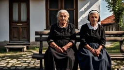 gloomy-looking old women sitting in black hungarian old villager dress and european black head scharf on wooden bench in front of white old house outside in an authentic east european ,hungarian village, high detalied, professional photo, high qualit, high textures. The high-resolution image captures the essence of authenticity and realism, transporting the viewer to another time and place.