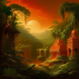 A dark orange colored rainforest with a coliseum designed in Mayan architecture painted by Francis Danby