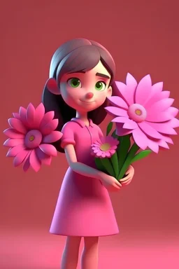 Seorang gadis berbaju pink membawa bunga 3D animation