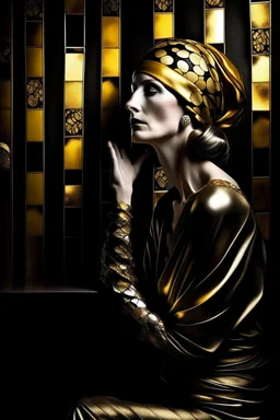 Create a conceptual photograph of a female figure, SALVADOR DALI STYLE MIXED WITH GUSTAV KLIMT STYLE AND TAMARA DE LEMPICKA STYLE, 3/4 SIDE VIEW, SILVER, GOLD, BLACK COLORS in a contemporary setting, incorporating provocative, thought-provoking elements. The image should demonstrate the confidence, strength and vulnerability of the subject. Consider using symbolic objects, abstract shapes, or artistic expressions that convey a strong message. The style and lighting should be modern, avant-garde