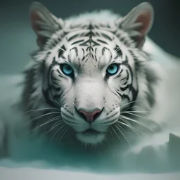 photoreal close-up of a dragontiger in an icecave with blue-green fog by lee jeffries, octane render, 8k, high detail
