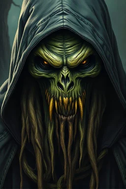 Swamp Thing, a hooded wizard character, ominous, facepaint, waist up portrait, intricate, oil on canvas, masterpiece, expert, insanely detailed, 4k resolution, retroanime style, cinematic smooth, intricate detail , hard lighting, painted Renaissance stylestyle