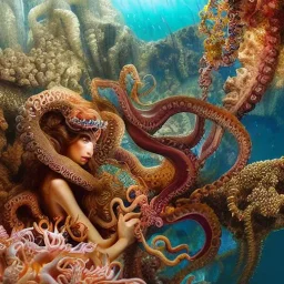 high-quality, fine-detail portrait of gorgeous, stunning goddess with octopus as hair, coral reef exoskeleton, underwater, 8k resolution, 3D octane render, intricate, digital art, detailed matte, volumetric lighting, George Grie, Anne Dittman, Anne Stokes, Lisa Parker, Selina French,