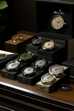 Produce an artistic representation of a Key Bey Berk watch box set against a backdrop of a luxury watch boutique, capturing the essence of sophistication and style."