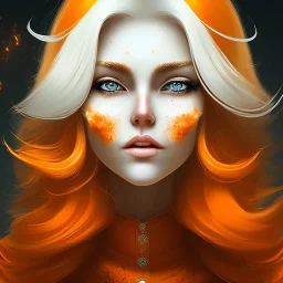 fantasy setting, woman, orange and white hair, wavy hair, freckles, ranger, more orange hair, more white hair, long white hair