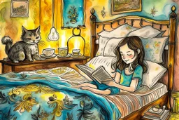 Vibrant sketch and charcoal, shiny metallic effect watercolor, white edges, egy arany-fekete pizsamát viselő kék szemű brunette lány vidáman olvas a hímzett virágos needle felt mohair ágyneműs ágyban, tiffany lámpa a kisasztalon, kandallótűz, cirmos cica fekszik a paplanon, in firelight