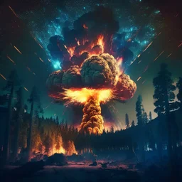 giant radioactive explosion destroy a forest, night starry sky in background, 8k resolution, photorealistic, ultra detailed