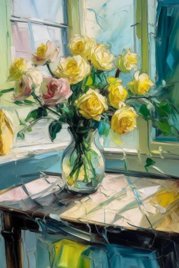 Style of Frank Auerbach Vase of spring flowers on a table in front of a sunlit window in the style of frank Auerbach in light pastel colours