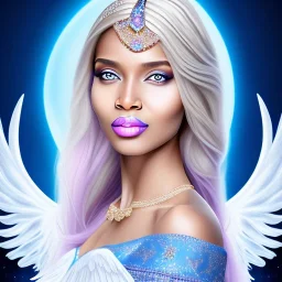 portrait of a beautiful somalian woman with an angel face smiling,long blond hair, blue eyes, pink and blue dress, jewels, soft light aura