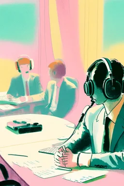 A simultaneous interpreter is sitting at a table with headphones with a microphone on his headphones at a foreign briefing, the background is blurred, everything is in pastel colors,