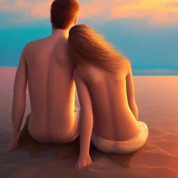 2 lovers watching the sunset sitting in the sand on a sand island