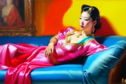 oriental woman lying on a pillow painting neoclassism bright colors zoom out realistic whole body