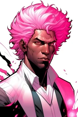 Make an original Black male marvel Character his hair is curly and his color palette is white and dark pink he has the power of portals with the color of pink and he’s walking through one in the Marvel comic art style