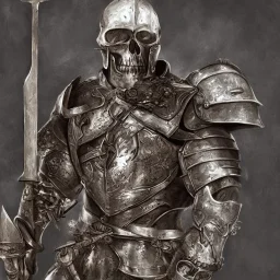 Skull head, knight with armor, big sword, standing still, smoke