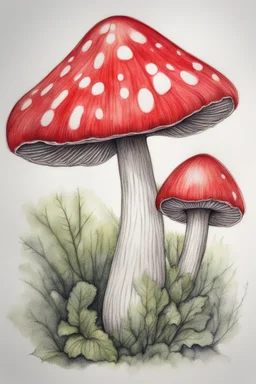 inktense outline detailed pencil sketch of a red mushroom