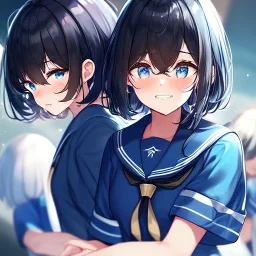 Clear focus,High resolution, Black short fluffy hair, and blue eyes, wearing a sailor uniform, blushing smiling with teeth, crying, sad eyebrows