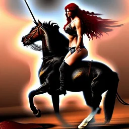 ultra detailed portrait of beautiful Red Sonja Riding a Black Horse and wearing a bikini plate armor, extremely detailed digital painting, extremely detailed face, in the style of Robert E. Howard and Ken Kelly and A.J. Manzanedo ,mystical colors, rim light, beautiful lighting, 8 k, stunning scene, raytracing