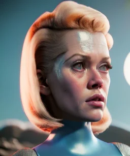 Ultra Realistic retro sci-fi movie, people, classic ovni, 1960 year, waist up view portrait, blonde woman, sweet teenager Jane Fonda face, perfect cyan iris, glow eyes, face makeup, tight latex coat, retro glass helmet, Retro sci-fi style, soft color, highly detailed, unreal engine 5, ray tracing, RTX, lumen lighting, ultra detail, volumetric lighting, 3d, finely drawn, high definition, high resolution.