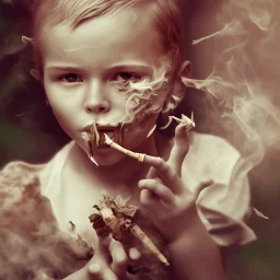 Close-up of a beautiful but angry child smoking a leaf cigarette, accurate and clear body parts of the child.