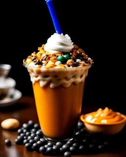 A vibrant and colorful boba drink, with pearls swirling in a sea of creamy milk tea, topped with a mountain of whipped cream and drizzled with caramel sauce.