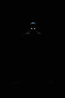 Inside a dark, shadow-filled computer screen, a sinister humanoid silhouette emerges. The silhouette has a tall, gaunt figure with elongated limbs and a bald head. Its hollow black eyes glow faintly, directly fixating on the viewer, creating an intense and unnerving connection. The monstrous figure is centrally positioned within the screen, enhancing the sense of dread and malevolent presence emanating from within the digital realm. The surrounding room remains dark and oppressive, with minimal
