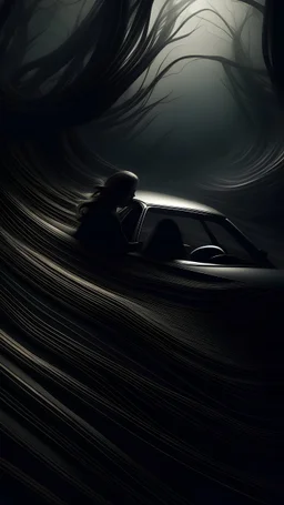 Dark Forest Drive: A couple in a car driving through a dense, dark forest with tall, shadowy trees. The headlights illuminate the eerie, twisted branches ahead, creating an ominous atmosphere.