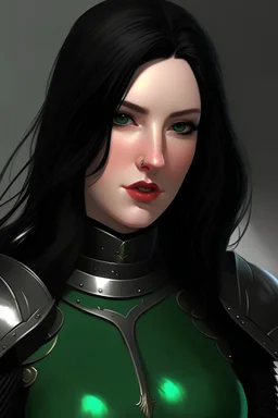 female knight with black hair and green eyes in black armor