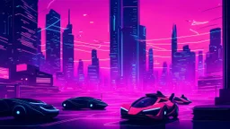 A futuristic cityscape at night with neon lights and flying cars.