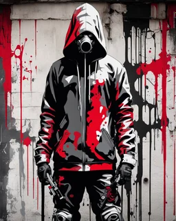 Banksy style. Grafiti. Full body. Vibrant and dynamic masterpiece of a hooded and gas masked killer Cyborg, his eyes are intense. Red, white and black colors, (((full body)))