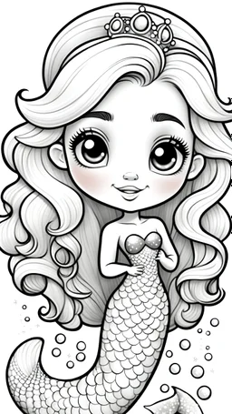 black and white, ((white background,)) coloring drawing page, cartoon, style pixar, line art, All body, beautiful cute princess mermaid of the sea, , with cute hair and eyes, sparkles,