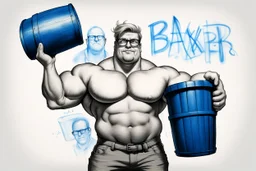 a very swedish strongman, big muscles and short light hair, pair of glasses, holding one big blue barrel above his head, a drawing with sketch lead pencil, The word BAXER floating