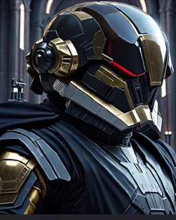 star wars bald male corellian pilot wearing pearlescent black and gunmetal grey First Order special forces heavy assault stealth commando armor with helmet with gold and metallic red trim inside the jedi temple, hyperdetailed, dynamic lighting, hyperdetailed background, 8k resolution, volumetric lighting, light skin, fully symmetric details