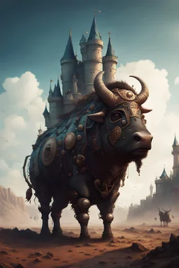 a large animal that is standing in the dirt, by Artur Tarnowski, fantasy art, very far royal steampunk castle, buffalo, style hybrid mix of beeple,