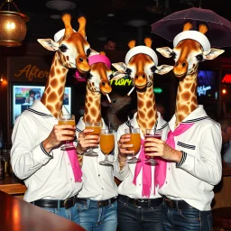 very Gay Giraffes sailors with white shirts and berrets and tight jeans standing in a bar drinking drinks with umbrellas, pride, makeup, smoking ciggarets, smiling, sparkling eyes, very happy, after dark, pink scarf, happy hour drinks sign, necking,