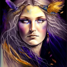 #Leonardai Starling , photorealistic ,pop surreal , lowbrow art ,enchanting portrait of a beautiful mature woman,representing a starling , feathers in her hair ,black and vibrant colors , sweet , magical , cosy warm light , whimsical, alluring , dazzling ,, expressive