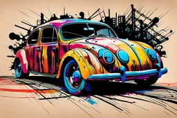 create an abstract, vibrantly colored woodcut of battered and beaten Volkwagen beetle rat rod with highly detailed and deeply cut features, lost in a horrific post apocalyptic world, in the style of KATHE KOLLWITZ , searing lines and forceful strokes