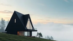 exterior of a modern triangle minimalist black house on the lawn montain, fog sky, late afternoon