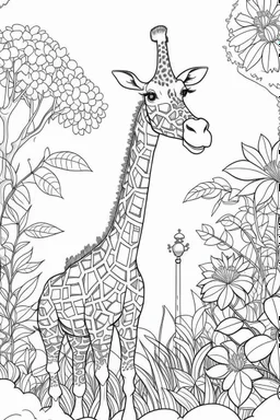 Outline art, giraffe in the garden, cartoon style, black and white, low detail, no shading, --ar 9:11