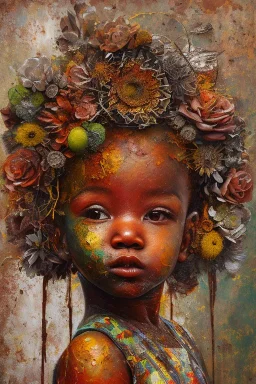 an abstract painting of rusted metal and flowers, african baby portrait, rust, scaffolding, iron cladding, decay, mixed media, textured, anatomically correct, beautiful perfect face, sharp focus, highly detailed