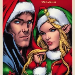 two elves. woman and man. Christmas scene. poster. marvel comic. low-key